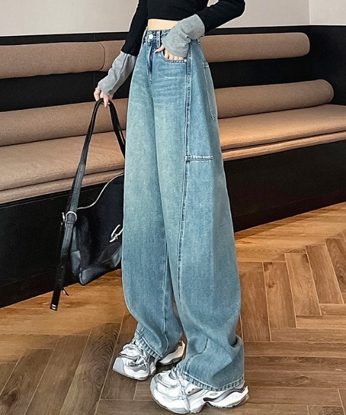 Teem Store（チームストア）の「カーブデザイン ワイドデニム（デニムパンツ・レディース・ブルー・S/M/L）」の3枚目の写真