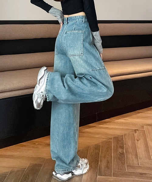 Teem Store（チームストア）の「カーブデザイン ワイドデニム（デニムパンツ・レディース・ブルー・S/M/L）」の5枚目の写真