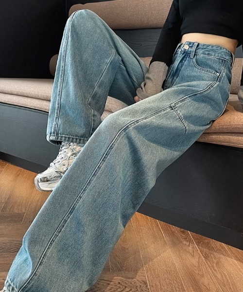 Teem Store（チームストア）の「カーブデザイン ワイドデニム（デニムパンツ・レディース・ブルー・S/M/L）」の6枚目の写真