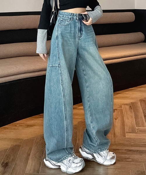 Teem Store（チームストア）の「カーブデザイン ワイドデニム（デニムパンツ・レディース・ブルー・S/M/L）」の10枚目の写真