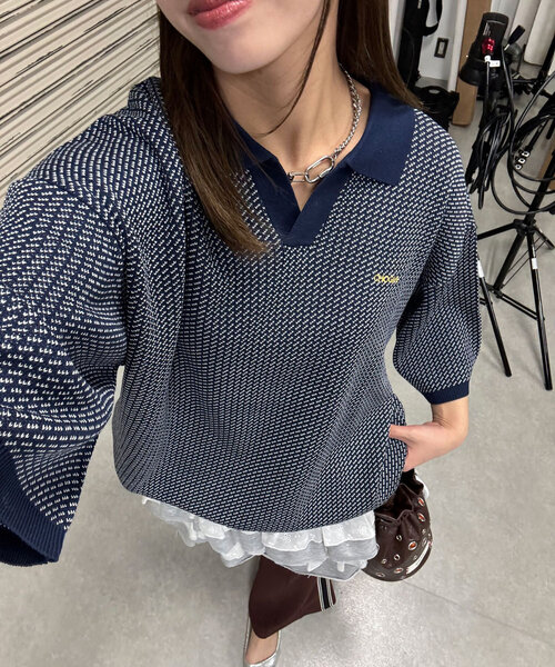 CIAOPANIC（チャオパニック）の「バーズアイサマーニットポロシャツ（シャツ/ブラウス・レディース・ブラック/ネイビー・FREE）」の2枚目の写真