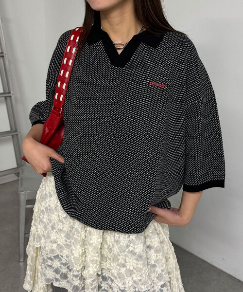 CIAOPANIC（チャオパニック）の「バーズアイサマーニットポロシャツ（シャツ/ブラウス・レディース・ブラック/ネイビー・FREE）」の11枚目の写真