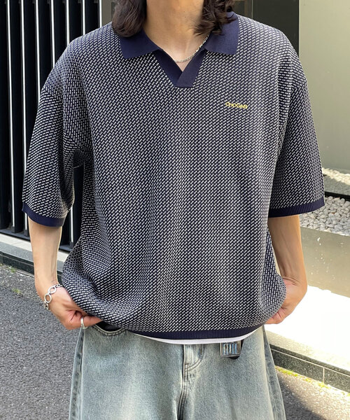 バーズアイ ニットポロ XL ネイビー ホワイト 90s ビンテージ イタリア製 古着 80s ノルウェー製 LL Bean メタル ハーフボタン バーズアイ