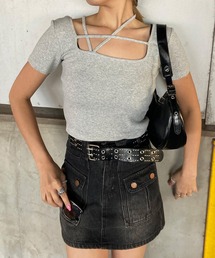 リブクロススクエアショート丈Tシャツ