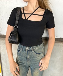 リブクロススクエアショート丈Tシャツ