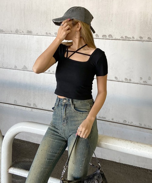 non-hedge(ノンヘッジ)の「リブクロススクエアショート丈Tシャツ(Tシャツ/カットソー・レディース・ブラック/グレー/オフホワイト/ピンク・FREE)」の10枚目の写真