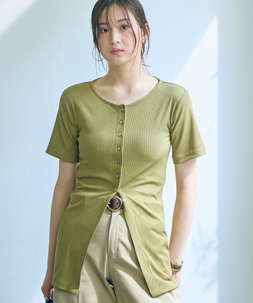 slattgir(スラットジール)の「高身長 カットリブカーディガン(トールサイズ)Essenave(Tシャツ/カットソー・レディース・グレー/イエロー系・LL/3L/4L/5L/M/L)」の1枚目の写真