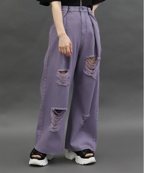 axes femme POETIQUE（アクシーズファムポエティック）の「ダメージデニムルーズパンツ（デニムパンツ・レディース・ブラック/パープル/インディゴブルー・MEDIUM）」の3枚目の写真