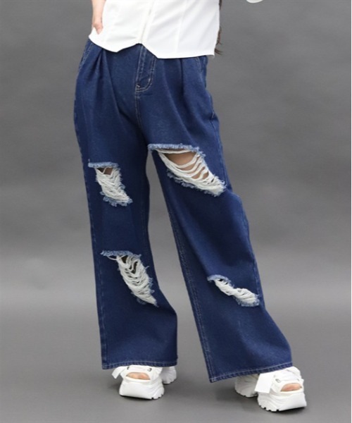 axes femme POETIQUE（アクシーズファムポエティック）の「ダメージデニムルーズパンツ（デニムパンツ・レディース・ブラック/パープル/インディゴブルー・MEDIUM）」の4枚目の写真