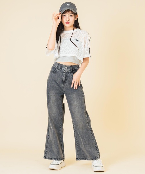 ANAP GｉRL（アナップガール）の「バック クラッシュ カットオフ デニム ワイド パンツ（デニムパンツ・キッズ・ブルー/ブラック・M/S/XS）」の5枚目の写真