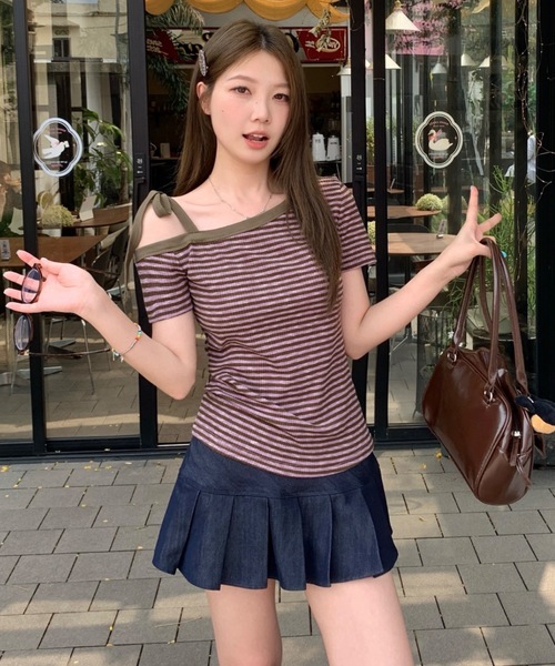 セール】ボーダーワンショルダートップス（Tシャツ/カットソー