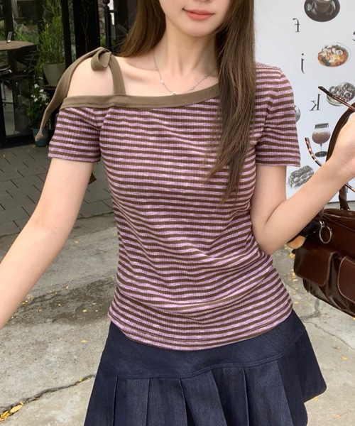 セール】ボーダーワンショルダートップス（Tシャツ/カットソー