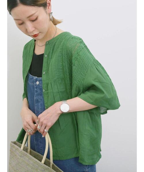Samansa Mos2 blue（サマンサモスモスブルー）の「【Made in India】ピンタックレース前開きブラウス（シャツ/ブラウス・レディース・オフホワイト/ブラック/グリーン・F）」の12枚目の写真