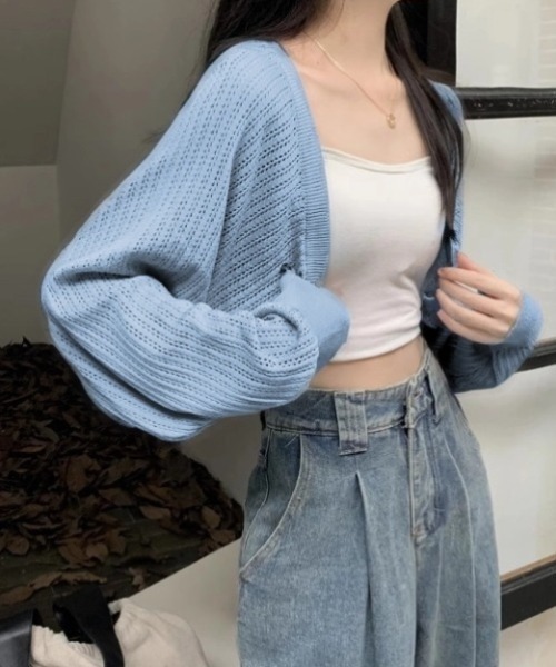 【新品】ギャバジンK.T 透かし編み ボレロ カーディガン ネイビー 新品】ギャバジンK.T 透かし編み ボレロ カーディガン ネイビー 新品