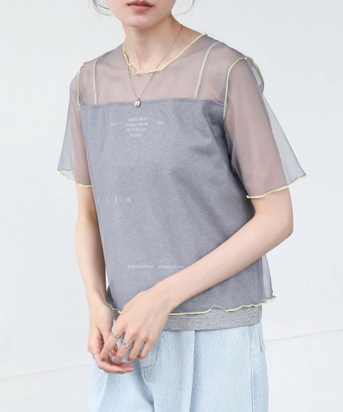 Bab(バブ)の「カラーメローチュールレイヤードTシャツ(Tシャツ/カットソー・レディース・チャコールグレー/オフホワイト/ネイビー・FREE)」の3枚目の写真
