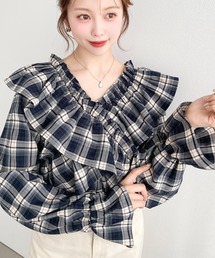 2WAYオフショルフリル長袖チェックブラウス