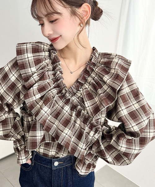 セール】マルチウェイオフショルフリルリボンショート丈長袖チェック