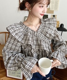 2WAYオフショルフリル長袖チェックブラウス