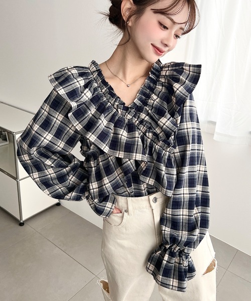 セール】マルチウェイオフショルフリルリボンショート丈長袖チェック