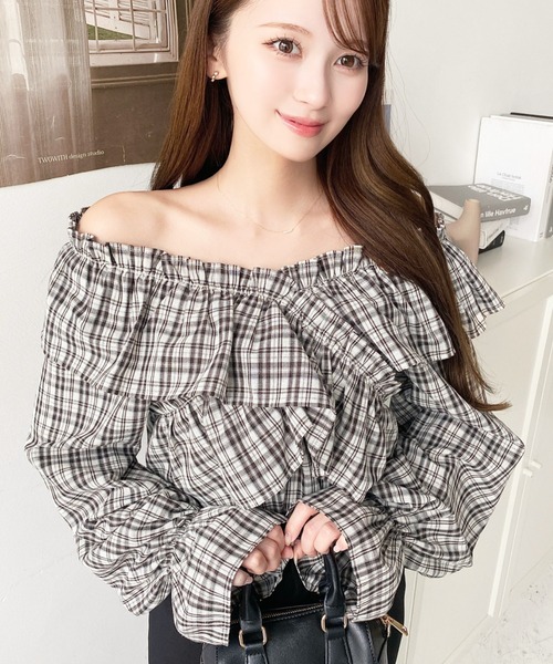 セール】マルチウェイオフショルフリルリボンショート丈長袖チェック
