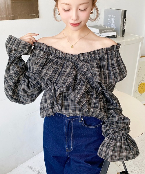 セール】マルチウェイオフショルクロスフリルチェックブラウス（シャツ
