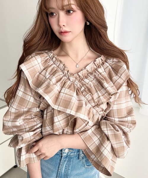 シェリエ sheller 完売 美品 チェック柄シャツ オフショルダーブラウス