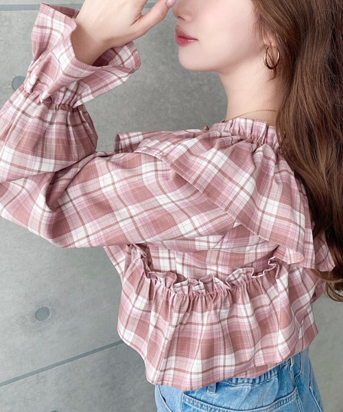 セール】マルチウェイオフショルフリルリボンショート丈長袖チェック