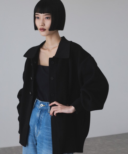 ADAM ET ROPÉ FEMME ポロニットリラックスカーディガン ADAM ET ROPE'（アダムエロペ） カーディガン 「サステナブル」ポロ