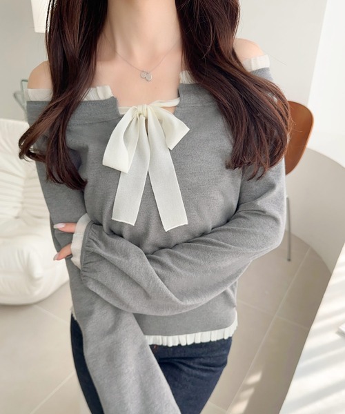 mily bilet(ミウィビレット)の「【mily bilet】大人の甘さをひとさじ。マルチWAYロゴシェルボタン使い裾フリルリボンニットプルオーバー(オフショル可)(ニット/セーター・レディース・ブラウン/ブラック/アイボリー/グレー・LARGE/MEDIUM/SMALL/X-LARGE)」の5枚目の写真
