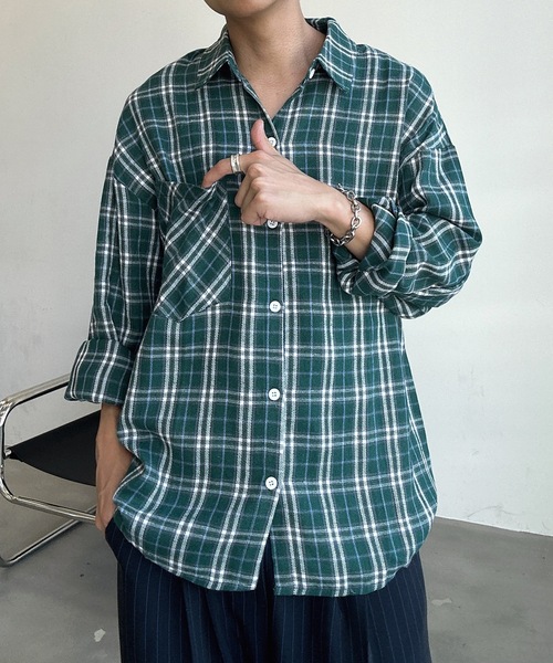 Ys for men 緑 チェック柄 長袖シャツ　L ラグスタイル LUXSTYLE 先染めチェック柄長袖シャツ/長袖シャツ メンズ