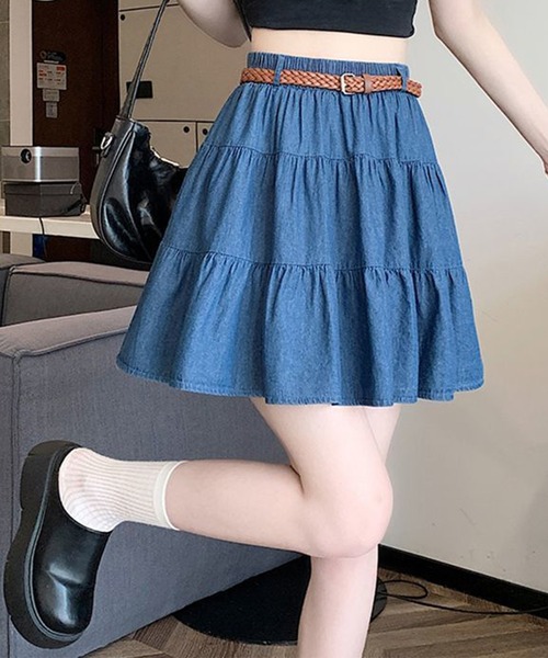 Lace Ladies(レースレディース)の「ベルト付き ティアード ギャザー デニム スカート(デニムスカート・レディース・ブルー/ネイビー・FREE)」の11枚目の写真