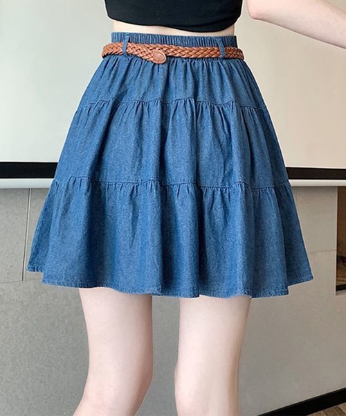 Lace Ladies（レースレディース）の「ベルト付き ティアード ギャザー デニム スカート（デニムスカート・レディース・ブルー/ネイビー・FREE）」の12枚目の写真