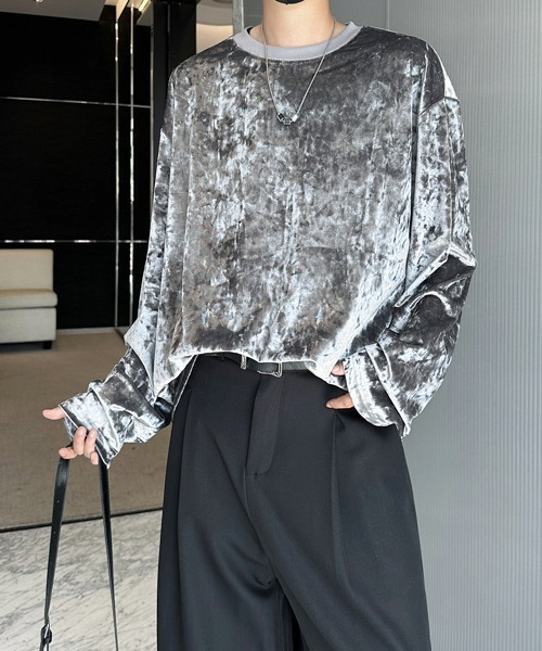 FVLMEN(フルメン)の「【FVLMEN】velvet design longsleeve Tee/ベロア調 ロングスリーブ T(Tシャツ/カットソー・メンズ・チャコールグレー/ブラック/ホワイト・X-LARGE/LARGE/MEDIUM)」の1枚目の写真