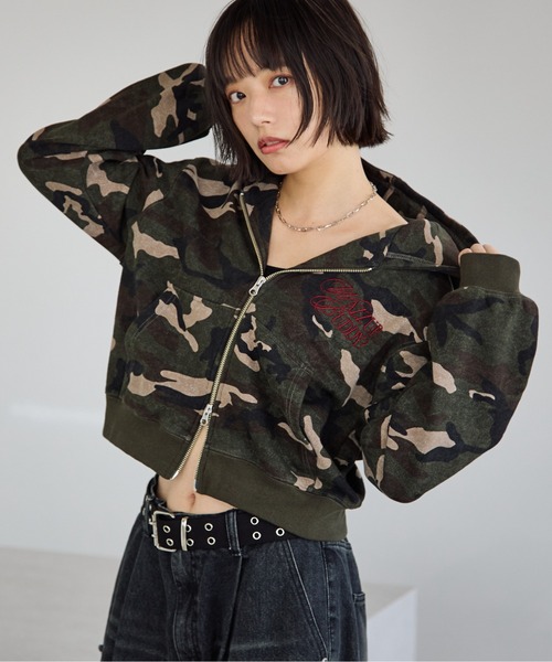 PBLIM（ページボーイリム）の「《UNISEX/セットアップ対応》ロゴ刺繍ジップパーカー（パーカー・レディース・杢グレー/ブラウン/グリーン系カモフラージュ・MEDIUM/SMALL）」の3枚目の写真