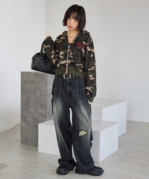 PBLIM（ページボーイリム）の「《UNISEX/セットアップ対応》ロゴ刺繍ジップパーカー（パーカー・レディース・杢グレー/ブラウン/グリーン系カモフラージュ・MEDIUM/SMALL）」の11枚目の写真