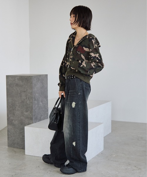 PBLIM（ページボーイリム）の「《UNISEX/セットアップ対応》ロゴ刺繍ジップパーカー（パーカー・レディース・杢グレー/ブラウン/グリーン系カモフラージュ・MEDIUM/SMALL）」の12枚目の写真