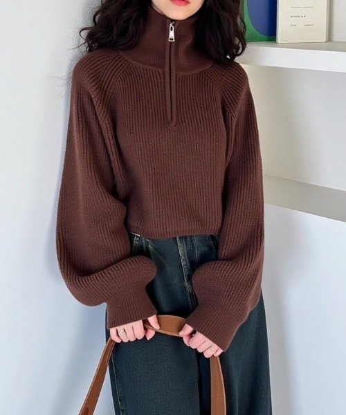 cammie（キャミー）の「ハーフジップラグランニット（ニット/セーター・レディース・オフホワイト/ブラウン/レッド/ブラック・F）」の3枚目の写真