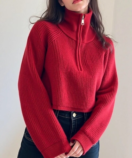 cammie（キャミー）の「ハーフジップラグランニット（ニット/セーター・レディース・オフホワイト/ブラウン/レッド/ブラック・F）」の17枚目の写真