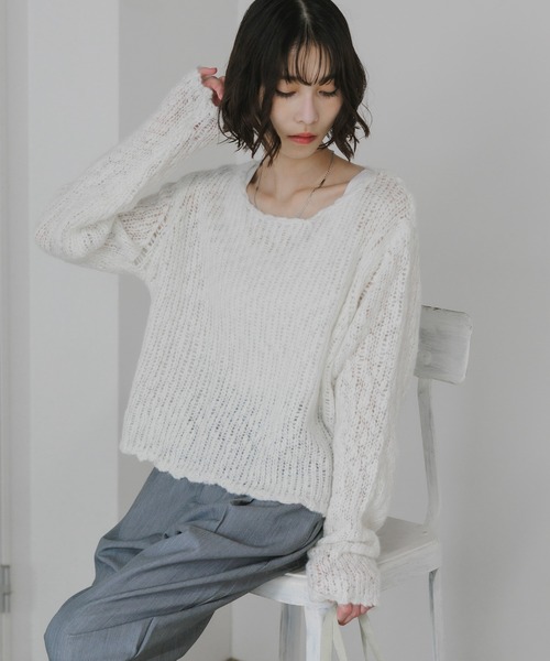AO2（アオズ）の「Boat-Neck Knit / 透かし編み ボートネック ニット（ニット/セーター・レディース・ダークグレー/ネイビー/ホワイト/ブラウン・FREE）」の6枚目の写真