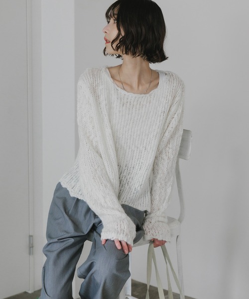 AO2（アオズ）の「Boat-Neck Knit / 透かし編み ボートネック ニット（ニット/セーター・レディース・ダークグレー/ネイビー/ホワイト/ブラウン・FREE）」の7枚目の写真