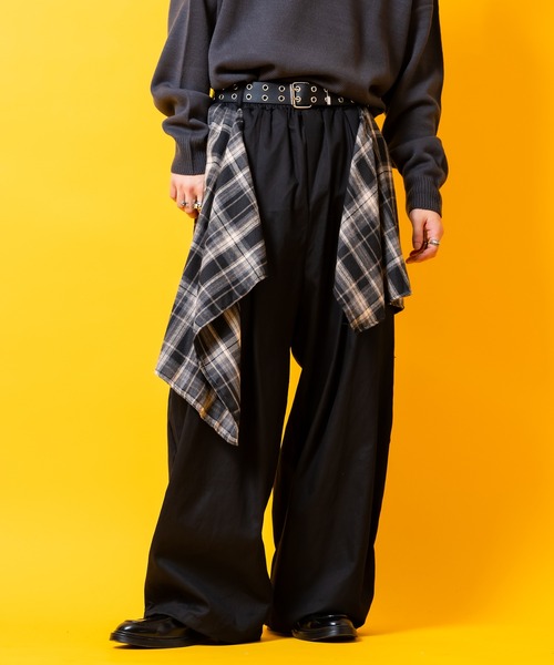 a.p.o.v. 変形チェック柄シャツスカートレイヤー２タックコットンスーパーワイドパンツ