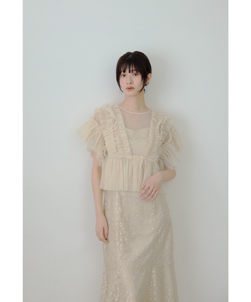 niana(ニアナ)の「【低身長用サイズあり】チュールフリルペプラムブラウスセットドレス 2点セット レース キャミワンピース 結婚式 成人式 二次会 同窓会 入学式 卒業式 パーティードレス オケージョンドレス お呼ばれ(ドレス・レディース・ブルーグレー/ベージュ/グリーン系その他・S-Short/M/L)」の4枚目の写真