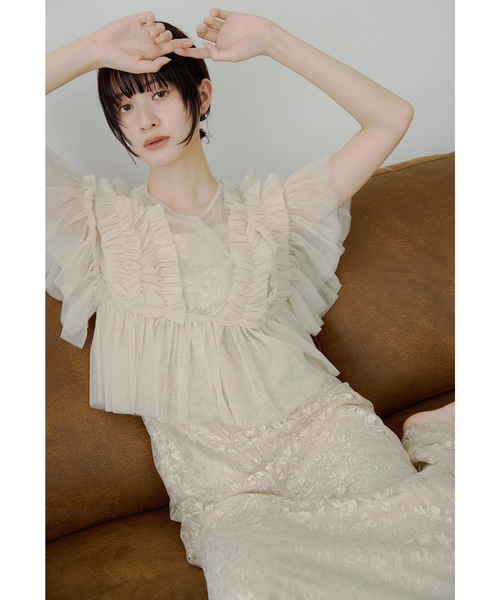 低身長用サイズあり】チュールフリルペプラムブラウスセットドレス 2点