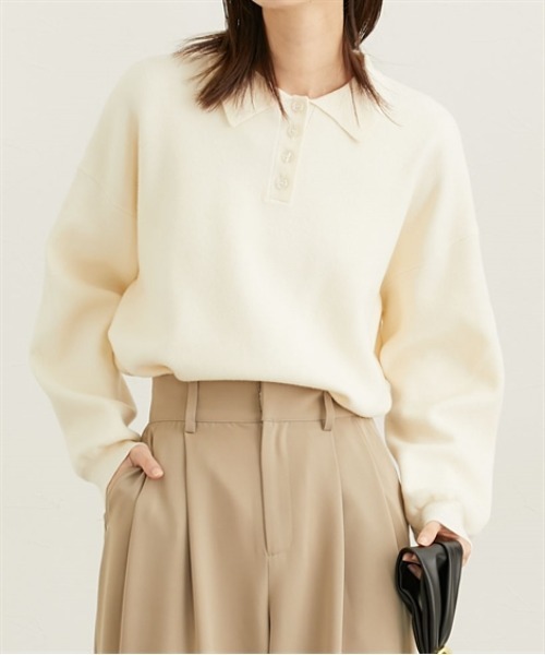 nissen（ニッセン）の「ポロカラースウエットライクセーター（長袖）（ニット/セーター・レディース・杢グレー/アイボリー/ブラック・S/M/L/LL）」の2枚目の写真