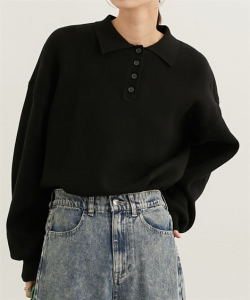 nissen（ニッセン）の「ポロカラースウエットライクセーター（長袖）（ニット/セーター・レディース・杢グレー/アイボリー/ブラック・S/M/L/LL）」の3枚目の写真