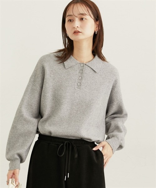 nissen（ニッセン）の「ポロカラースウエットライクセーター（長袖）（ニット/セーター・レディース・杢グレー/アイボリー/ブラック・S/M/L/LL）」の4枚目の写真