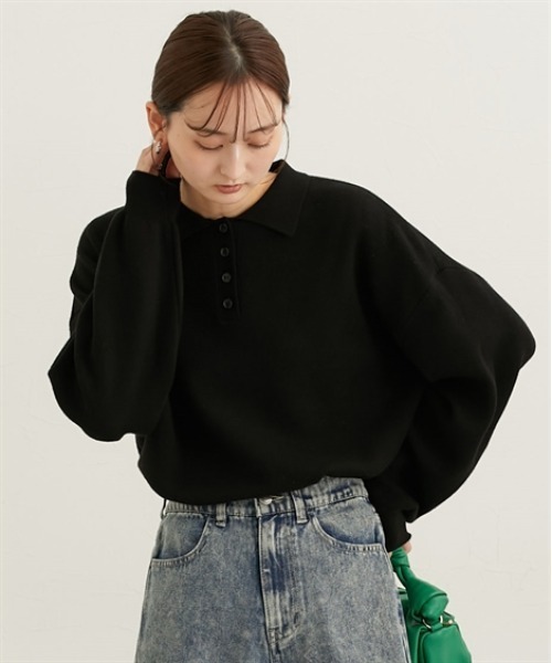 nissen（ニッセン）の「ポロカラースウエットライクセーター（長袖）（ニット/セーター・レディース・杢グレー/アイボリー/ブラック・S/M/L/LL）」の13枚目の写真