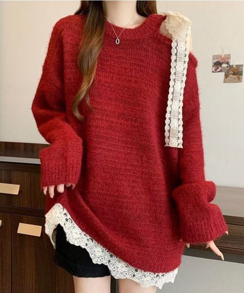 SPIGA（スピーガ）の「肩ﾘﾎﾞﾝﾓﾁｰﾌｸﾙｰﾈｯｸﾆｯﾄ（ニット/セーター・レディース・レッド/ライトブルー・FREE）」の2枚目の写真