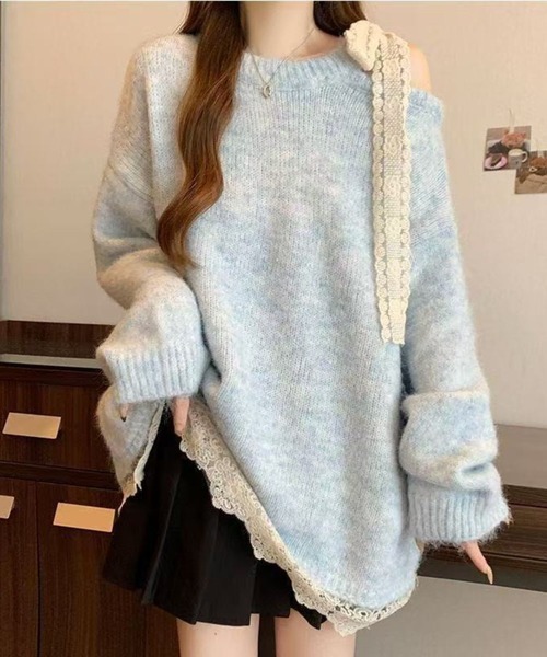 SPIGA（スピーガ）の「肩ﾘﾎﾞﾝﾓﾁｰﾌｸﾙｰﾈｯｸﾆｯﾄ（ニット/セーター・レディース・レッド/ライトブルー・FREE）」の3枚目の写真