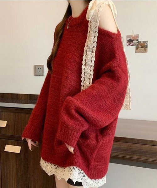 SPIGA（スピーガ）の「肩ﾘﾎﾞﾝﾓﾁｰﾌｸﾙｰﾈｯｸﾆｯﾄ（ニット/セーター・レディース・レッド/ライトブルー・FREE）」の5枚目の写真